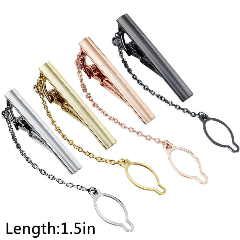 [Australia] - AMITER 4-Color Tie Clips Set with Chain for Men 1.5 Inch Slim Necktie Packed in Gift Box 2055 