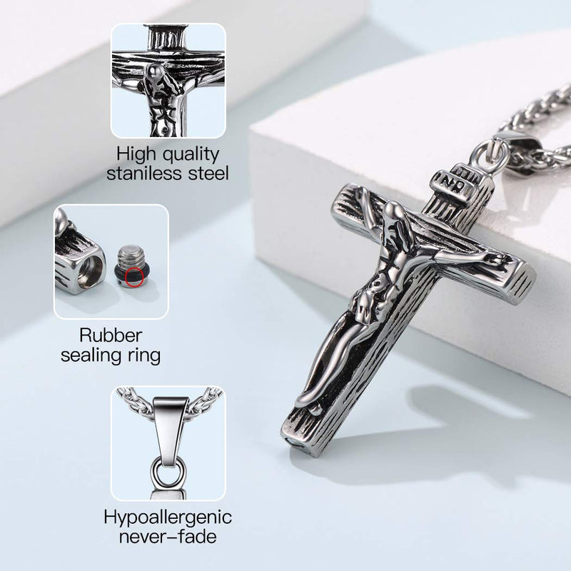 [Australia] - Personalized Cremation Jewelry Stainless Steel Moon Cat/Crucifix Cross/Tree of Life/Cylinder/Rectangle Keepsake Urn Pendants for Ashes, Custom Engraving Memorial Necklaces for Women Men b. crucifix cross-stainless steel not-personalized 