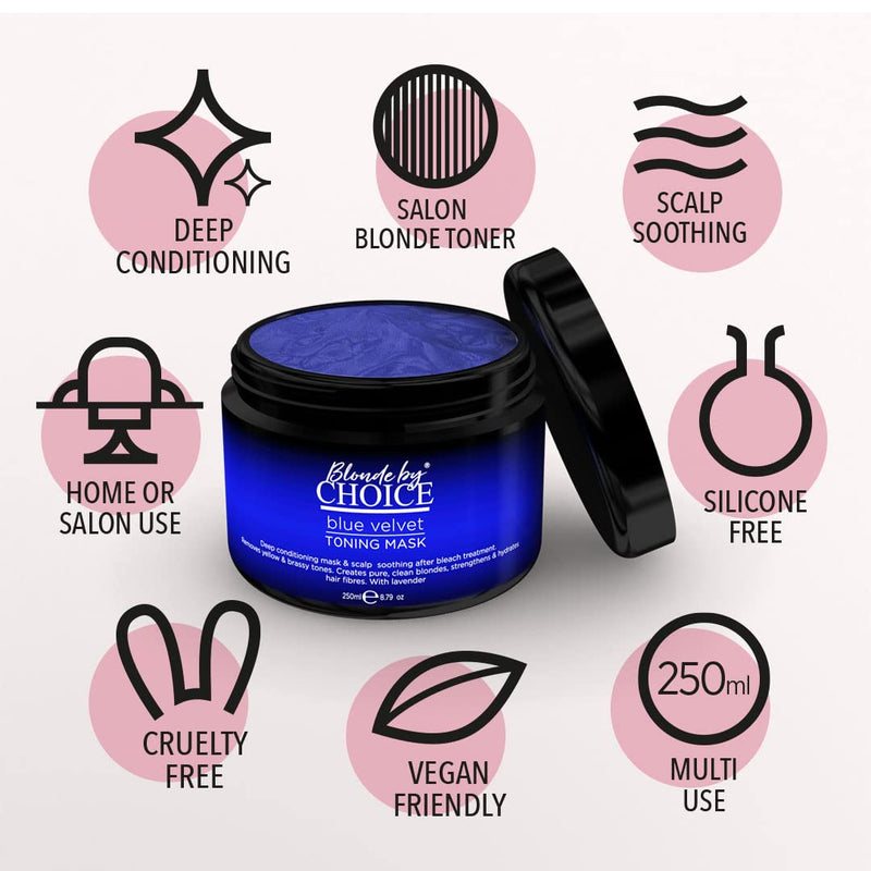 [Australia] - Blue Velvet Toning Mask, Hair Toner For Bleached Hair From Blonde By Choice, Deep Conditioning Hair Treatment With Scalp Relief For Bleach Damaged Hair & Tonal After Care For Blonde Hair Dye, 250ml 