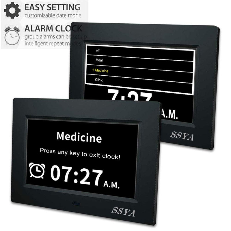 [Australia] - [Newest Version] 7 Inch Day Clock - 12 Alarm Options, Level 5 Auto Dimmable Display,Extra Large Impaired Vision Digital Clock with Non-Abbreviated Day & Month Alarm Clock (7 inch) Black 