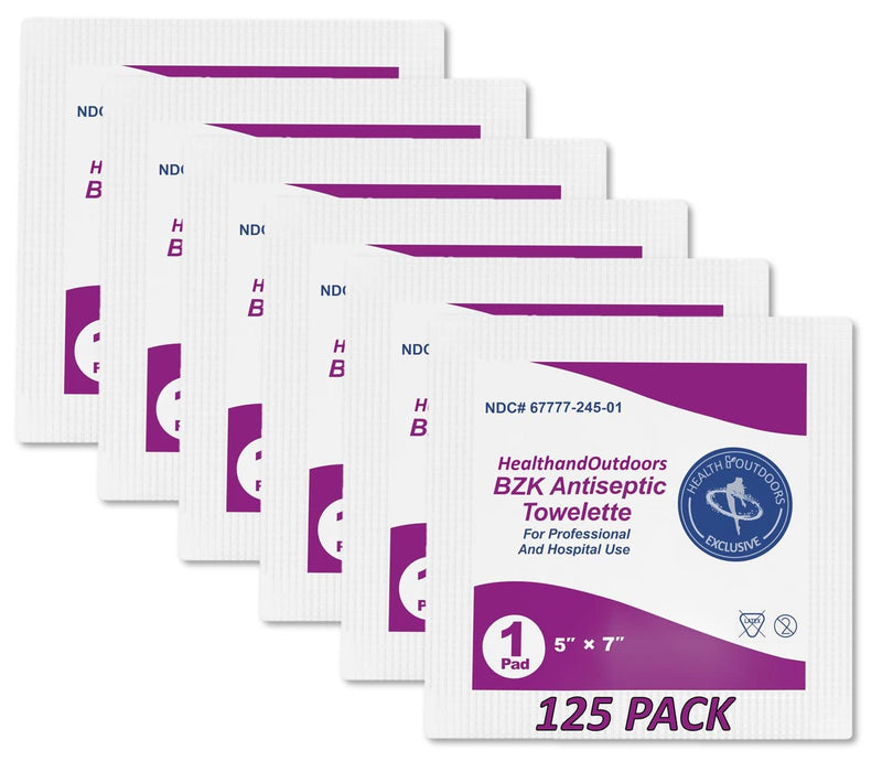 [Australia] - BZK Antiseptic Moist Towelette 5" x 7" Wipe (125 Count) Hand & Body Cleansing Wet Napkins Alcohol-Free Individually Wrapped Towels 125 Count (Pack of 1) 