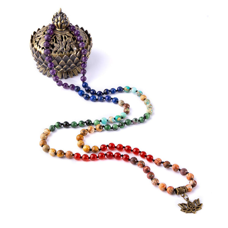 [Australia] - Farfume 7 Chakra 108 Mala Beads Bracelet Real Healing Gemstone Yoga Meditation Hand Knotted Mala Prayer Bead Necklace … Lotus OM-6mm Beads 