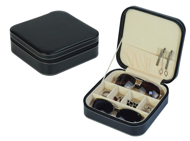 [Australia] - TIMELYBUYS Black 3 Compartment Sunglass Case Jewelry Box Travel Storage Organizer with Pocket Holds Glasses, Rings, Earrings, Necklaces, and Accessories 