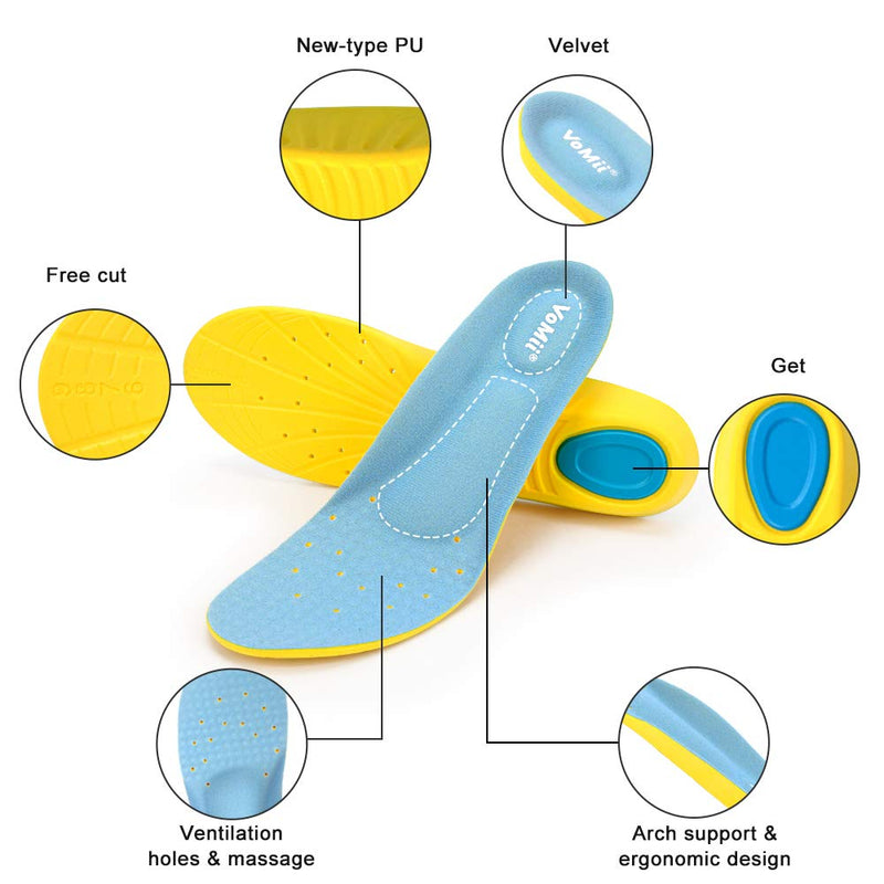 [Australia] - VoMii PU Memory Foam Insoles Plantar Fasciitis Arch Support Insoles for Women Men and Kids, Comfortable Breathable Sports Shoe Inserts, Shock Absorption and Relieve Foot Pain, M(Men 6-9/ Women 7-11) Blue M(Men 6-9/ Women 7-11) 