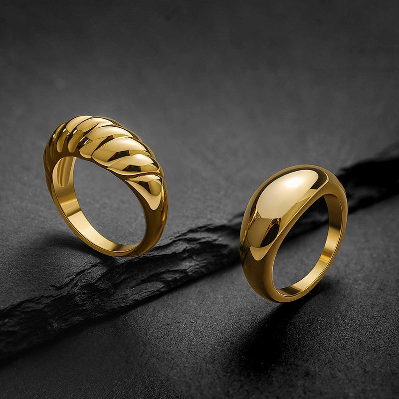 [Australia] - JINEAR 18k Gold Plated Croissant Braided Twisted Signet Chunky Dome Ring Stacking Band for Women Jewelry Minimalist Statement Ring Size 5 to 10 gold croissant 