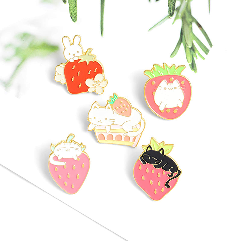 [Australia] - Sweet Strawberry Enamel Pins Set Cartoon Fruit Rabbit Cat Lapel Pins for Women Girl Cute Brooches Pin Badges for Clothing Backpacks 