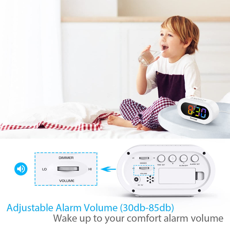 [Australia] - Reacher Small Colorful LED Digital Alarm Clock with Snooze, Simple to Operate, Full Range Brightness Dimmer, Adjustable Alarm Volume, Outlet Powered Compact Clock for Bedrooms, Bedside, Desk, Shelf Colorful Digit 