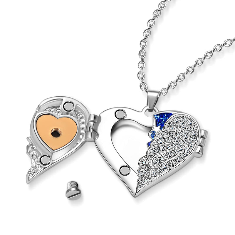 [Australia] - Heart Crystal Urn Necklace for Ashes A Piece Of My Heart Lives In Heaven Cremation Jewelry Angel Wings Memorial Keepsake Pendant Blue 