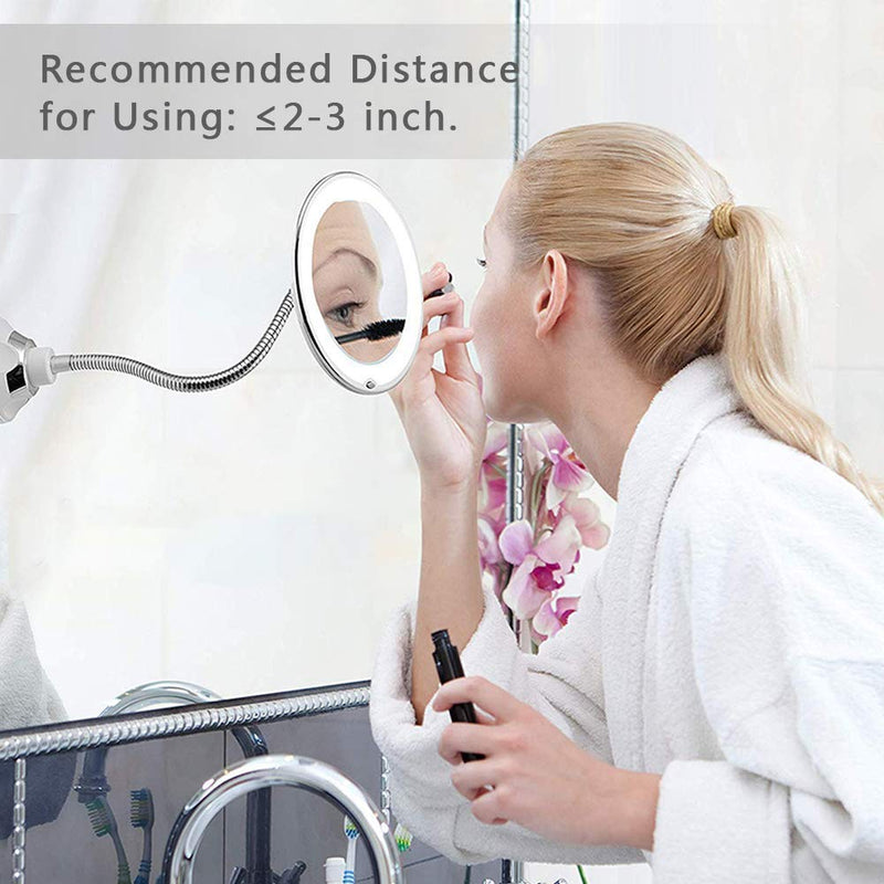 [Australia] - Flexible Gooseneck Makeup Mirrors 360 Degree Rotation LED 10X with Strong Suction Cup Portable Cordless Mirror Travel Home Mirror 