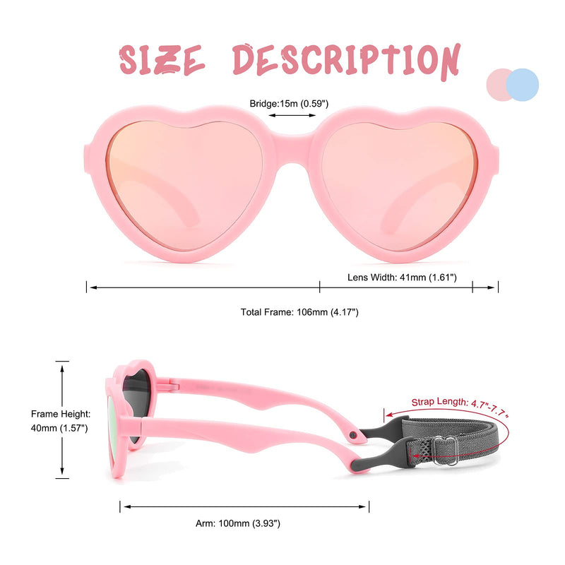 [Australia] - Baby's First Sunglasses with Strap, Unbreakable Polarized Newborn Infant Heart Sunglasses for Ages 0-12 Months C2* Pink Frame / Pink Mirrored Lens 1.61 Inches 