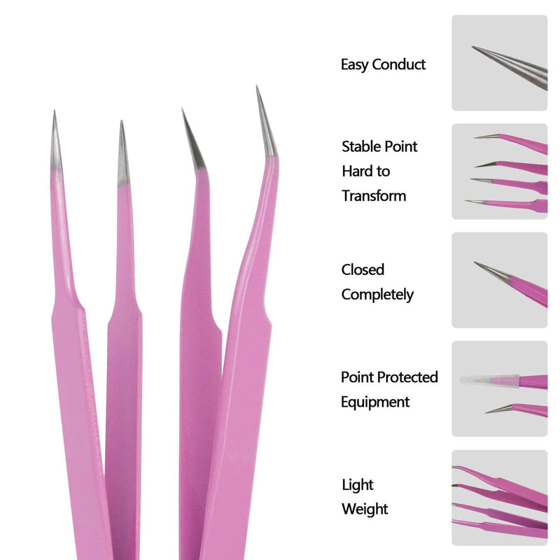 [Australia] - Roskio 2Pcs/set Pink Stainless Steel Tweezer For Eyelash Extension Straight or Bnd tweezers professional Nail Rhinestone Tweezers 