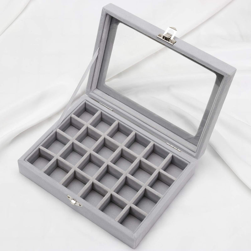 [Australia] - Stylifing Clear Lid Velvet 24 Grid Jewelry Tray Stackable Jewelry Display Showcase Lockable Jewelry Organizer Box Gifts for Girls Women (24 Grid Grey) 24 Grid Grey 