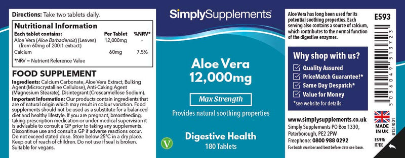 [Australia] - Aloe Vera Tablets 12,000mg | Digestive Support Supplement | Vegan & Vegetarian Friendly | 180 Aloe Vera Extract Tablets = 3 Month Supply | Manufactured in The UK 