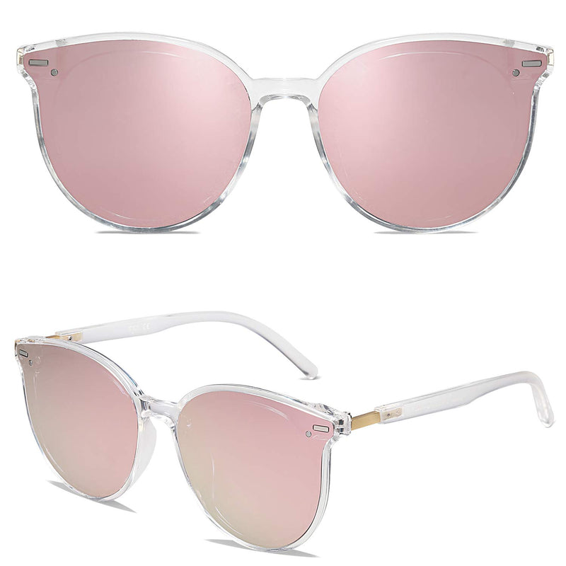 [Australia] - SOJOS Classic Round Retro Plastic Frame Vintage Large Sunglasses BLOSSOM SJ2067 C7 Crystal Frame/Pink Mirrored Lens Multicoloured 