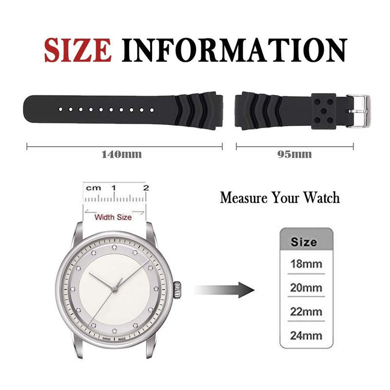 [Australia] - Narako Black Silicone Rubber Curved Line Watch Band 18mm 20mm 22mm 24mm Fit for Seiko Watches Extra Long Replacement Divers Model Sport Watch Strap for Men and Women 