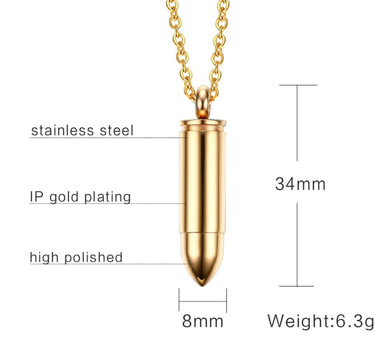 [Australia] - Stainless Steel Polished Bullet Urn Pendant Necklace Memorial Ash Keepsake Cremation Jewelry gold 