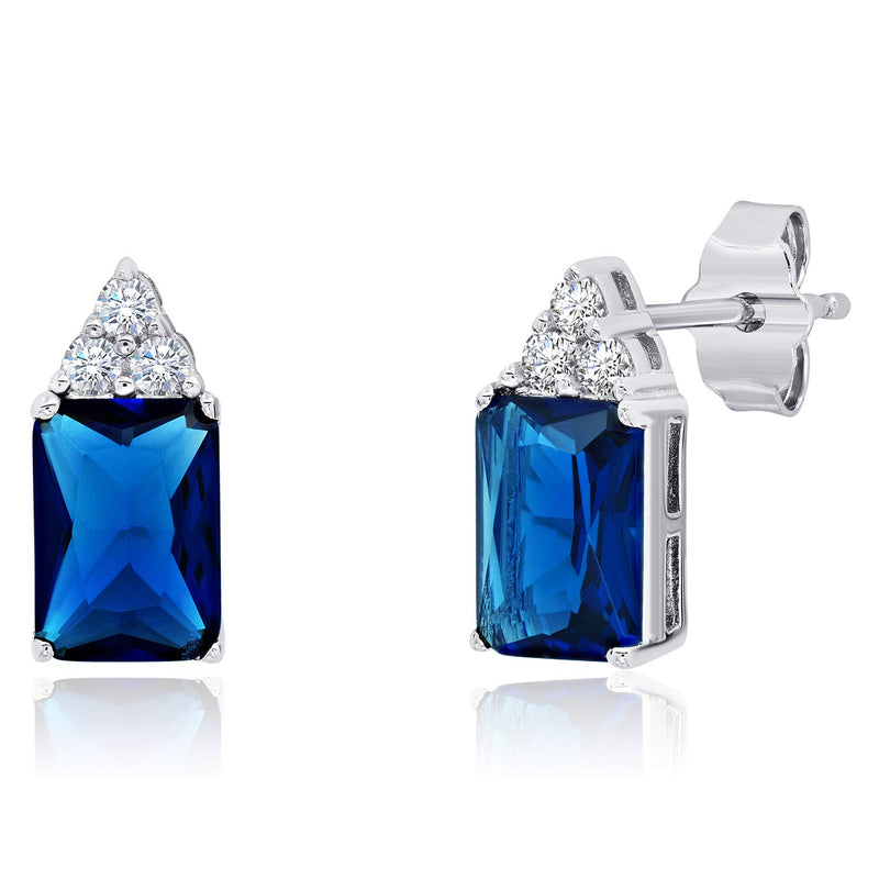 [Australia] - Sterling Silver Simulated Blue and White Sapphire Emerald Cut Pendant Necklace and Stud Earring Jewelry Set 