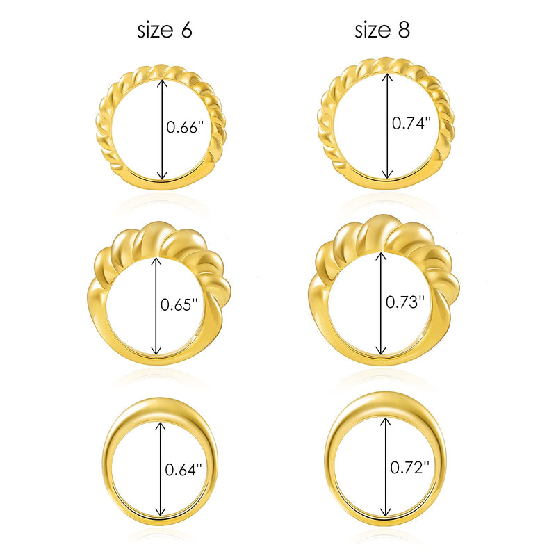 [Australia] - Chunky Ring Set: 14k Gold Plated Croissant Braided Twisted Dome Ring Jewelry for Women Men Teens Boy Girl 6 