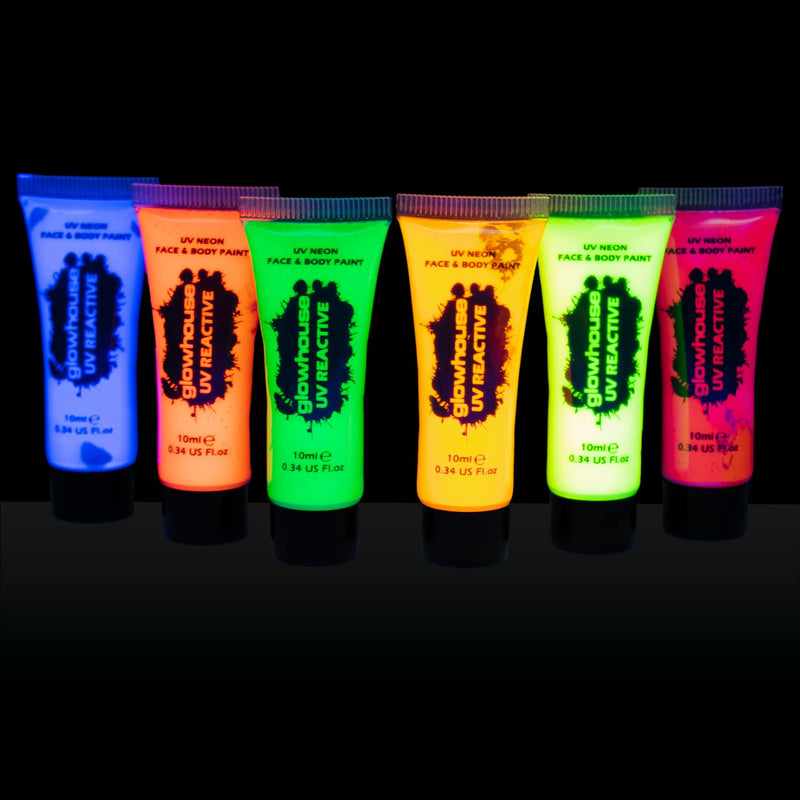 [Australia] - The Glowhouse UV Neon Face Paint and Body Paint Set (Pack of 6) Fluorescent Brightest Glow under UV! 