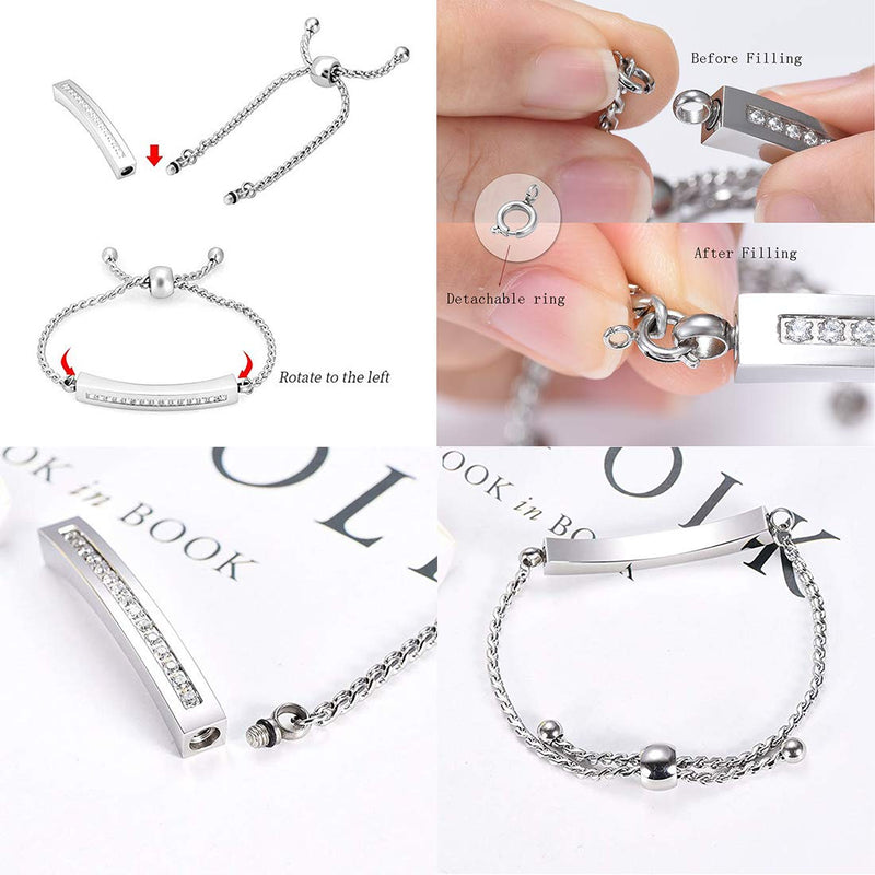 [Australia] - Hearbeingt Memorial Bracelet, Cremation Jewelry Urn Bangle for Ashes, Adjustable Classic Crystal Cremation Keepsake Ashes Holder Made of Stainless Steel with Free Fill Kit Silvery 