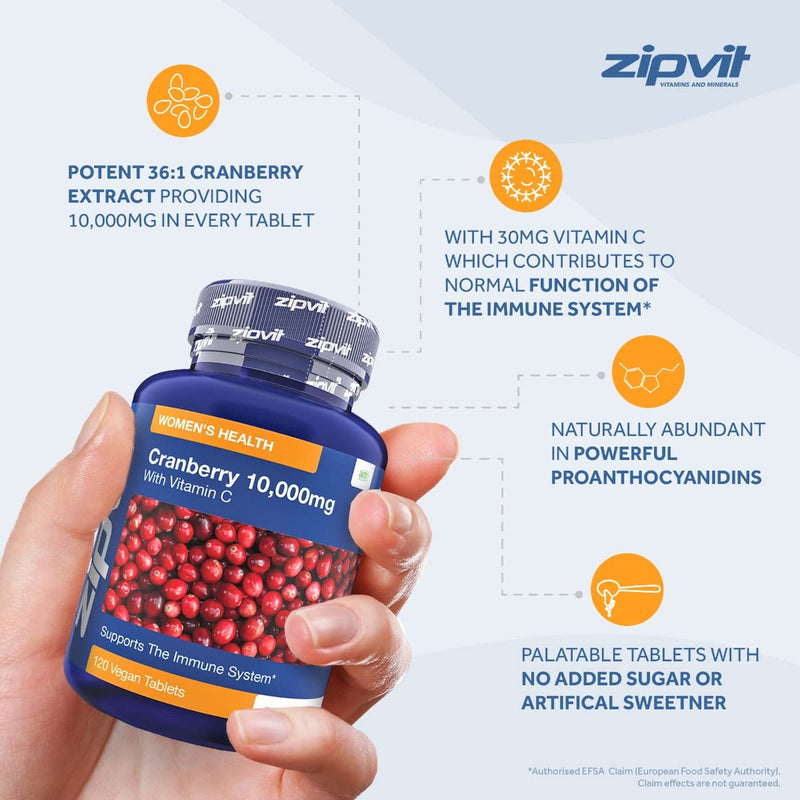 [Australia] - Cranberry Tablets 10,000mg with Vitamin C, 120 Vegan Tablets, High Strength Cranberry Extract, Supports The Immune System, Vegan and Vegetarian, 4 Months Supply 