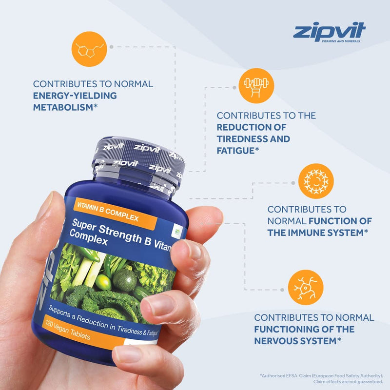 [Australia] - Super Strength B Vitamin Complex, 120 Vegan Tablets. 4 Months Supply. Vitamin B1, B2, B3, B5, B6, B12, Biotin, Choline. Supports Focus, Mental Performance, and Energy. UK Supplier. 