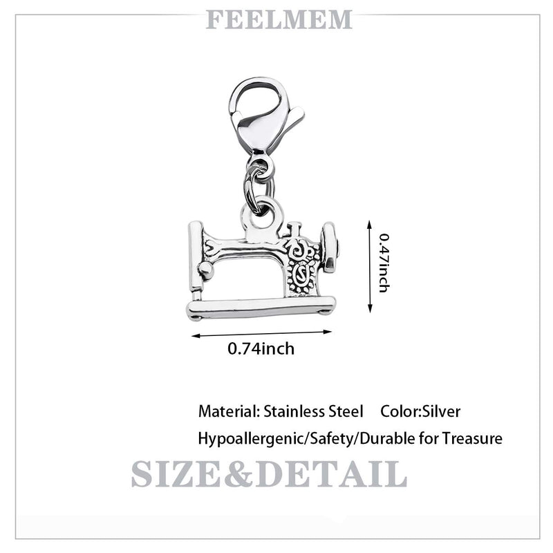 [Australia] - FEELMEM Sewing Charm Sewing Machine Charm Clip on Charm Zipper Pull Charm Sewing Jewelry Quilting Jewelry Gift for Quilters/Sewers/Seamstress/Costume Designers Silver 