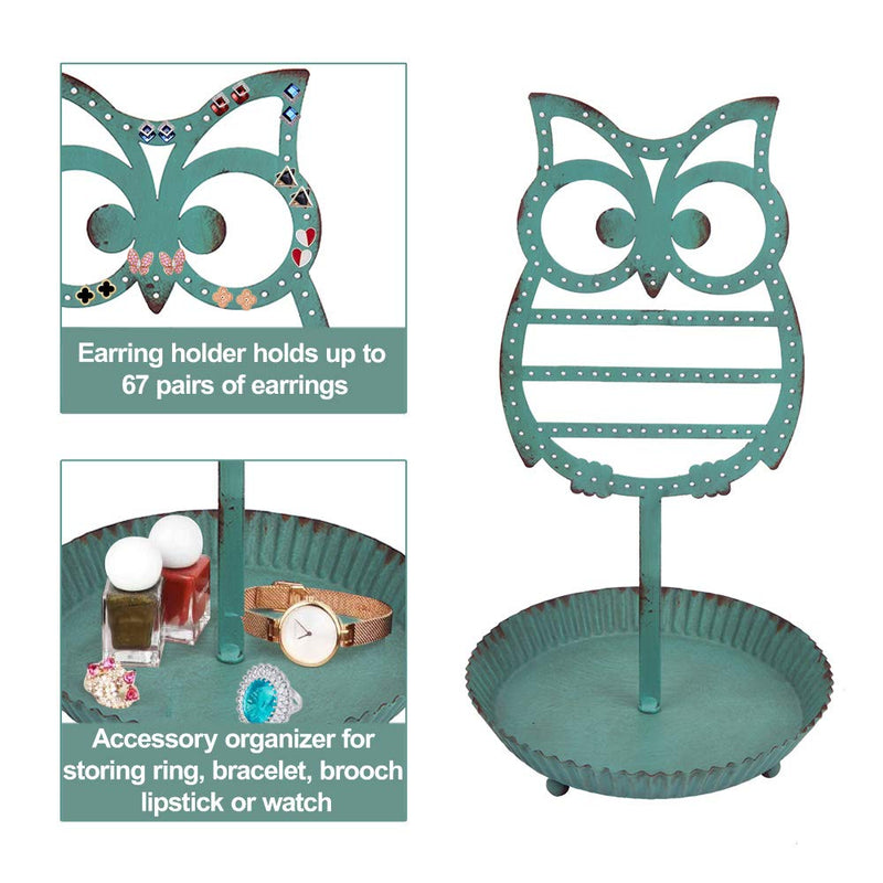 [Australia] - NIKKY HOME Earring Holder Hanging Organizer Stand Metal Jewelry Tree Table Top Owl Ear Stud Holder Tower Rack with Ring Tray for Girls Kids (134 Holes), Teal 13.2-In 