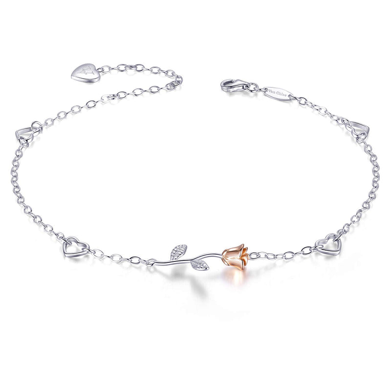 [Australia] - Van Chloe Women 925 Sterling Silver Love Rose Flower Anklet White Gold Plated CZ Diamond Ankle Bracelet for Women Girls 