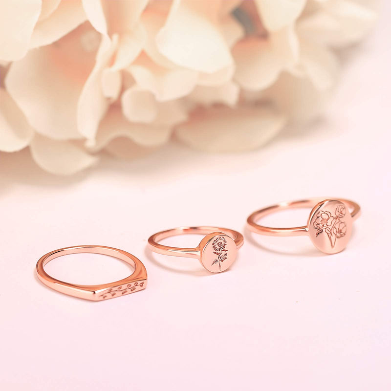 [Australia] - YeGienor Handmade Flower Signet Ring -18K Gold Over 925 Sterling Silver-Minimalistic Statement Ring with Botanical Engraved- Delicate Jewelry Gift for Women/Girls Rose- Gold 5 