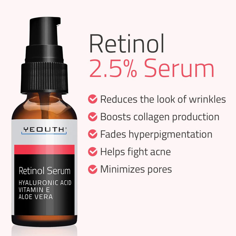 [Australia] - Retinol Serum 2.5% with Hyaluronic Acid, Aloe Vera, Vitamin E - Boost Collagen Production, Reduce Wrinkles, Fine Lines, Even Skin Tone, Age Spots, Sun Spots - 1 fl oz - Yeouth ‚Ä¶ (1oz) 30 ml (Pack of 1) 