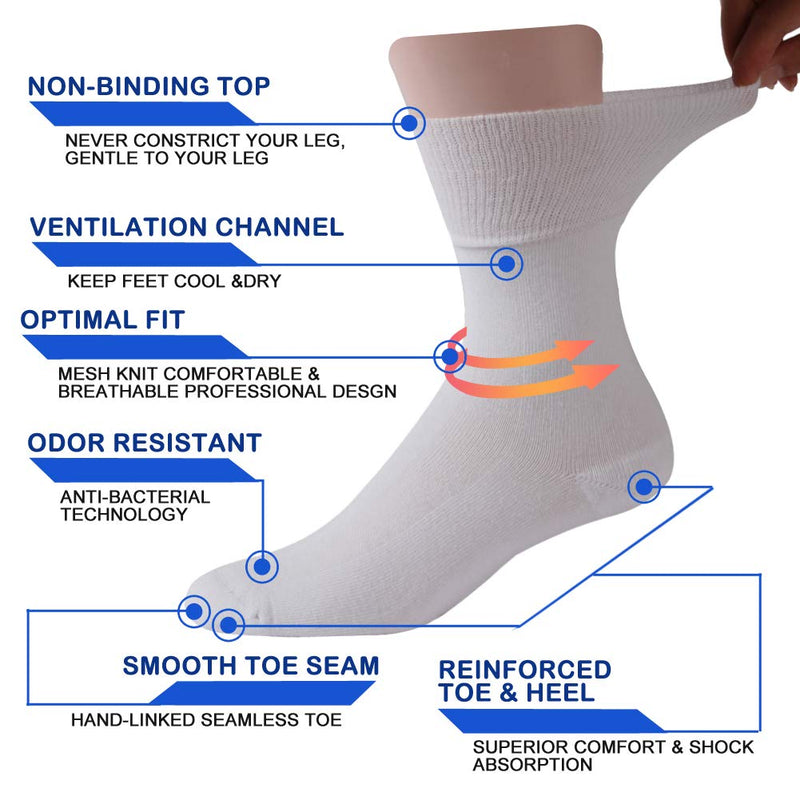 [Australia] - Facool Diabetic Socks for Men Women, Dress Cushioned Crew Cotton Socks with Non-Binding,Loose Top,Seamless Toe 6 Pairs 6 X White Large 