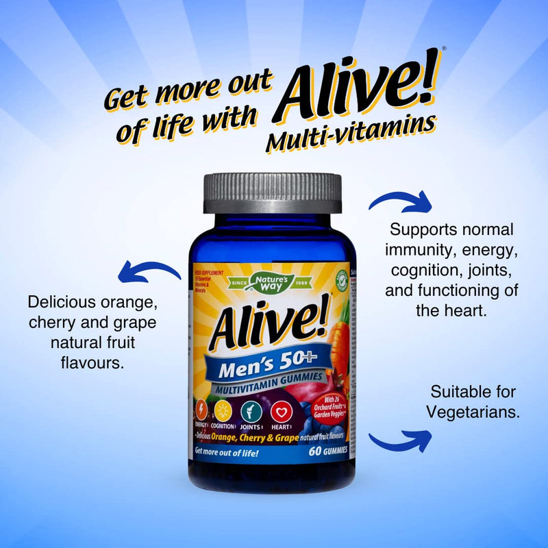 [Australia] - Alive! Men's 50+ Multivitamin Gummies, A Unique Dried Blend of 26 Fruits and Vegetables, Specially Formulated for Men Over Fifty, Suitable for Vegetarians - 60 Gummies 