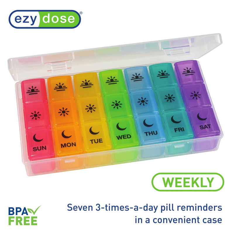 [Australia] - EZY DOSE Travel Weekly (7-Day) Pill Box, Vitamin and Medicine Organiser, Large Compartments, 3 Times a Day, Rainbow Lids Pill Organizer Single 