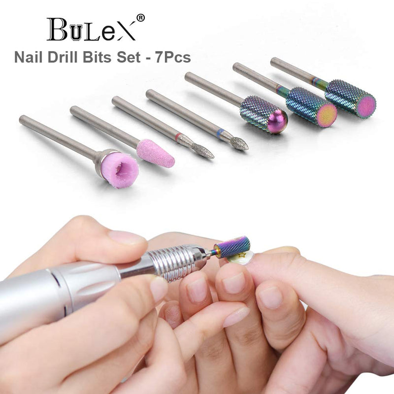 [Australia] - Bulex 7pcs Nail Drill Bits for Acrylic Nails, Professional Tungsten Carbide 3/32 Little Nail Drill Bit Set for Gel Nails Cuticles 