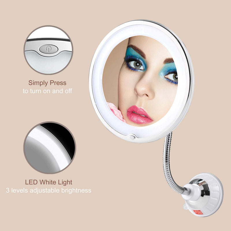 [Australia] - TOP4EVER Flexible Gooseneck LED Lighted 10X Magnifying Makeup Mirror，Power Locking Suction Cup with Dimmable Light and 360 Degree Swivel, Portable Vanity Mirror for Home Bathroom 