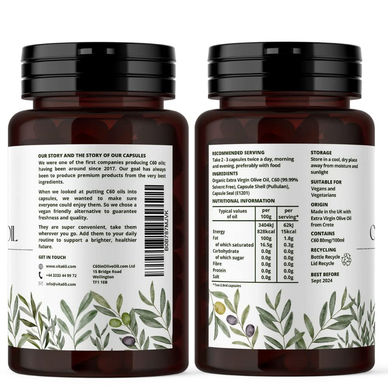 [Australia] - VITA60 C60 Olive Oil Capsules - 90 Vegan Friendly Capsules | Organic Extra Virgin Oil | 99.99% Solvent Free C60 | Antioxidant | Anti inflammatory | Leak Proof Capsule 