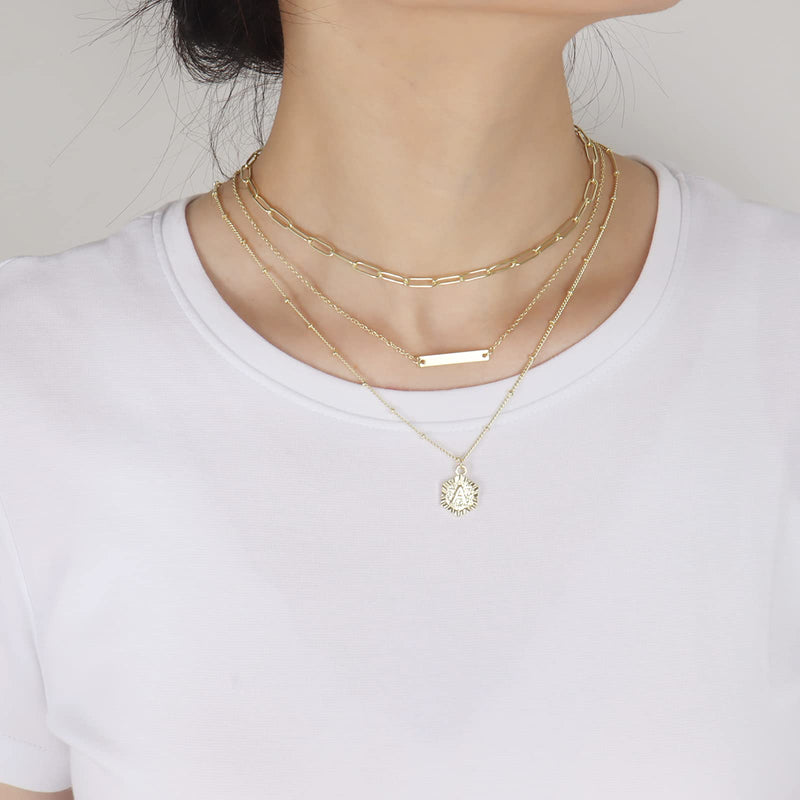 [Australia] - YANCHUN Layered Initial Necklaces for Women 3Pcs Gold Paperclip Chain Bar Choker Necklace Cute Hexagon Charm Pendant Necklaces for Teen Girls A 