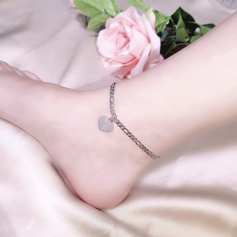 [Australia] - Winhime Heart Ankle Bracelets for Women, Silver/14K Gold Plated Anklets, Premium Stainless Steel Foot Anklet, Adjustable Figaro Chain Anklets with Cubic Zirconia and Heart Charm for Teen Girls 