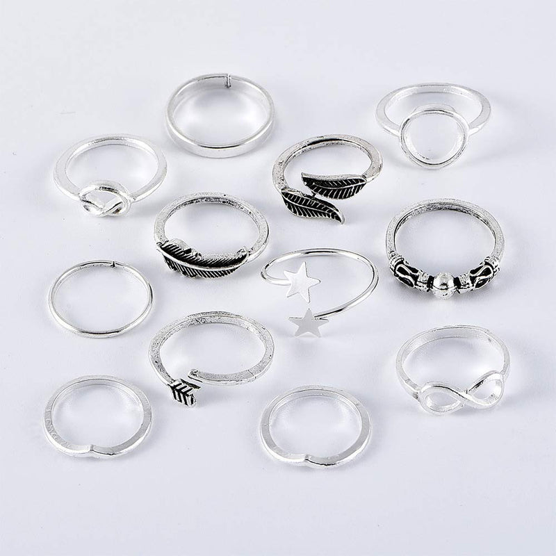 [Australia] - ZZ ZINFANDEL 12-20 Pcs Multiple Boho Silver Ring Set Star Moon Wave Feather Rings Stackable Knuckle Rings for Women Bohemian Midi Finger Rings Set for Teens Girls A:12pcs silver 