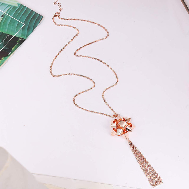 [Australia] - CEALXHENY Christmas Necklace for Women X-Mas Gift Bow Pendant Necklaces Chain Tassel Long Necklaces for Girls E 1 Bow Rose Gold 