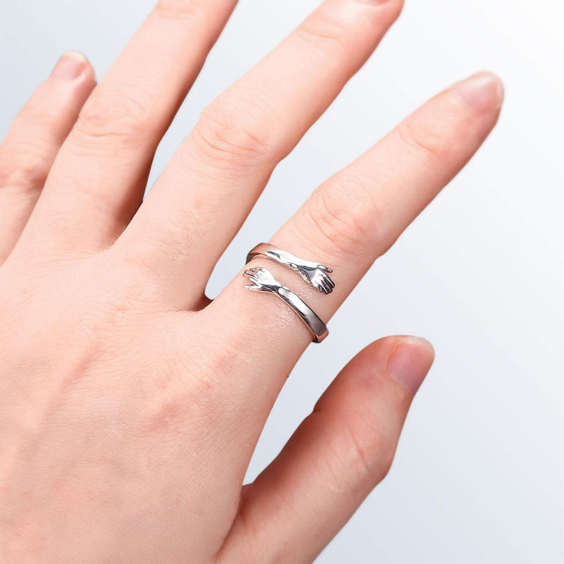 [Australia] - MAELOVE 925 Sterling Silver Hug Rings,Couple Hug Rings for Women Men,Simple Rings for Women Teen Girls Silver Hugging Hands Cute Open Ring Band Adjustable Free Silver Matching Ring Jewelry(1Pcs) US size 6 