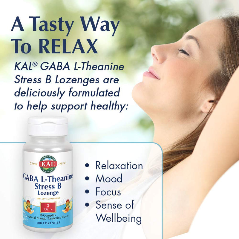 [Australia] - KAL GABA L-Theanine Stress B Lozenge | Healthy Relaxation, Mood & Focus Support | Natural Mango Tangerine Flavor | 100ct 