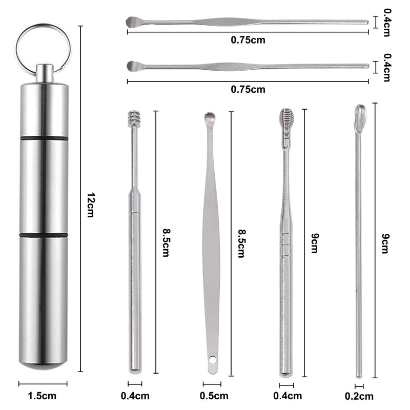 [Australia] - Ear Wax Removal Kit - Ear Wax Removal Tool 6-in-1 Reusable Ear Cleaner, Easy-to-Carry Stainless Steel Spring Ear Wax Cleaner Tool Set with Keychain, Silver 