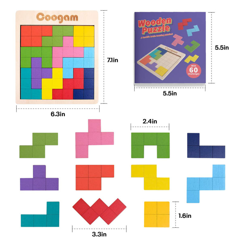 [Australia] - Coogam Wooden Puzzle Pattern Blocks Brain Teasers Game with 60 Challenges, 3D Russian Building Toy Wood Tangram Shape Jigsaw Puzzles Montessori STEM Educational Toys Gift for Kids Adults 