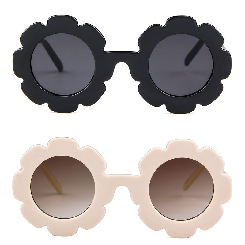 [Australia] - Sunglasses for Kids Round Flower Cute Glasses UV 400 Protection Children Girl Boy Gifts (2 Pack)beige+black 