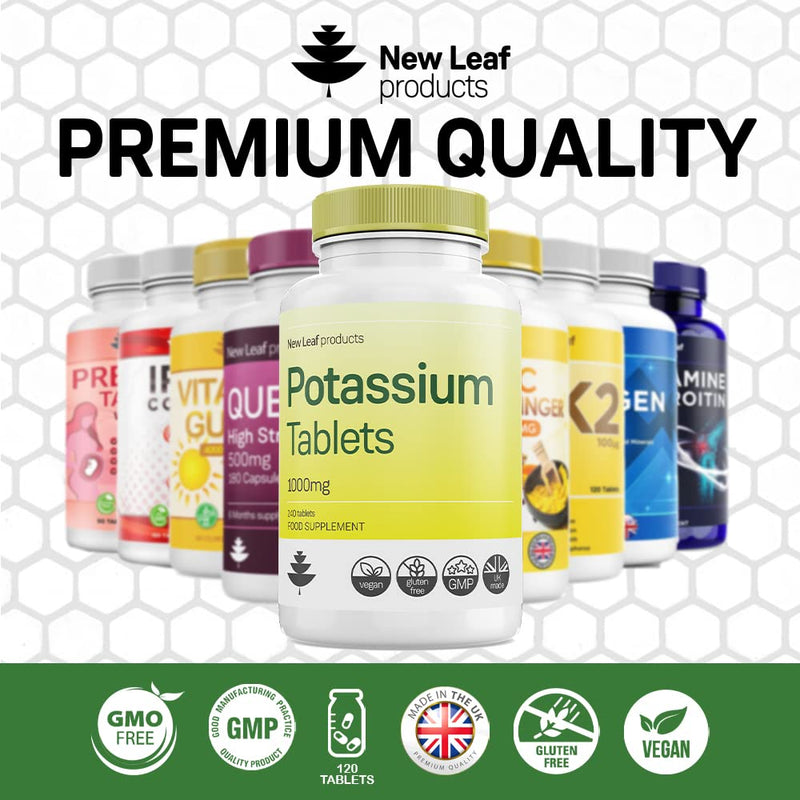 [Australia] - Potassium Supplements 1000mg, 120 Vegan Potassium Tablets Mineral Electrolytes Supplement Contributes to Normal Muscle Function Vegan, Gluten-Free, Non-GMO, Made in UK by New Leaf 120 Count (Pack of 1) 