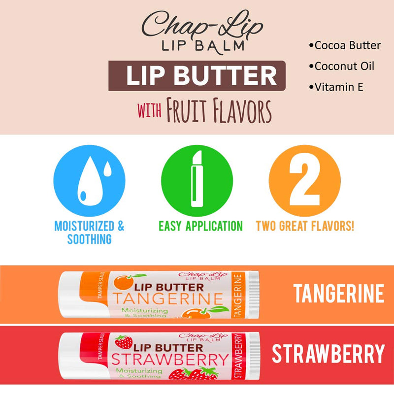 [Australia] - CHAP-LIP Lip Butter Lip Balm with Fruit Flavors, Cocoa Butter, Coconut Oil | Moisturizing Vitamin E & Total Hydration Treatment & Soothing Lip Therapy (2 Count - Strawberry & Tangerine) 
