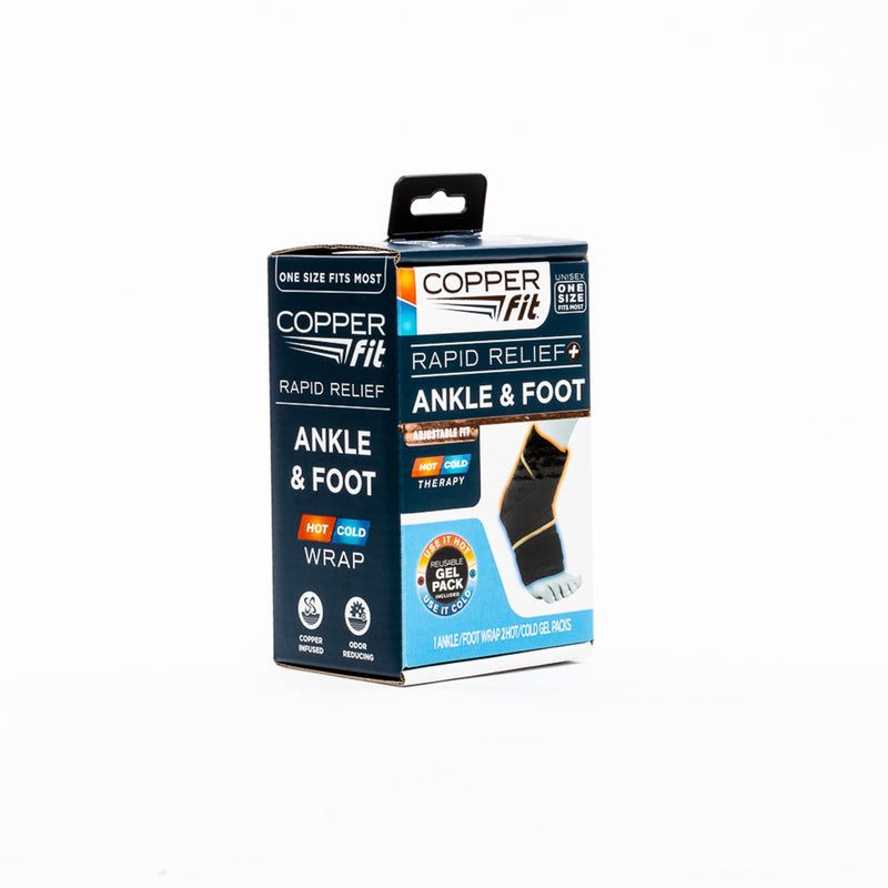 [Australia] - Copper Fit unisex adult Rapid Relief & Hot/Cold Ankle Foot Wrap with Hot Cold Pack, Black, One Size Fits Most US 
