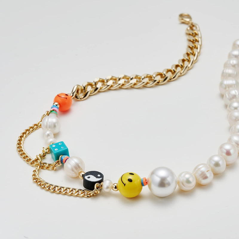 [Australia] - Happy Go Lucky Necklace Smiley Face Pearl Chain Necklace Y2k Yin Yang Rainbow Polymer Clay Beads Cute Creative Handmade Bohemia Charm Choker Necklace For Women Girls 